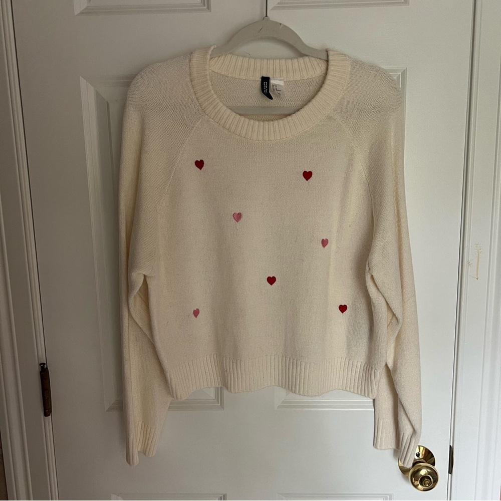 Divided Cream Pink and Red Heart Crew Neck Sweater